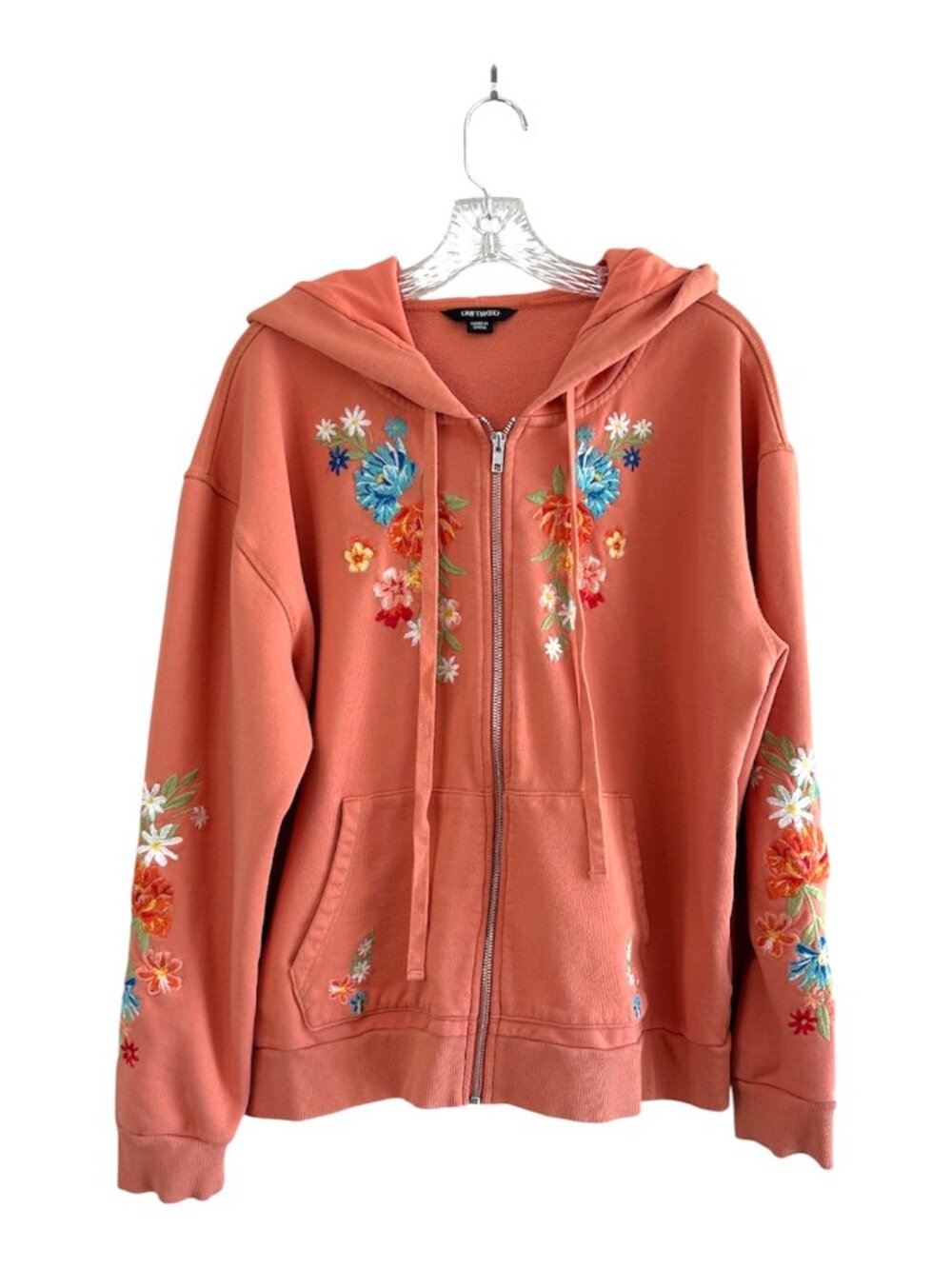 Driftwood Orange Cotton Embroidered Full Zip Hoodie, 1X, Boho Festival